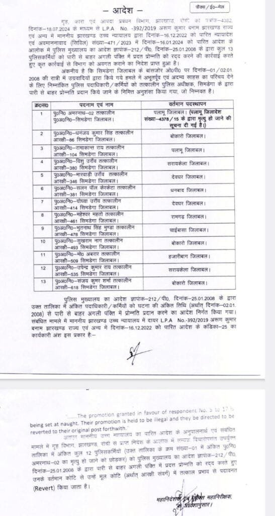 झारखंड के 12 दारोगा का डिमोशन, आउट ऑफ टर्म मिला था प्रमोशन, हाईकोर्ट के आदेश पर बनाया गया सिपाही 2 0083c98c 82fc 4baf 89fd 310f627f1577