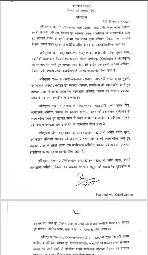झारखंड में ताबड़तोड़ तबादले, पेयजय स्वच्छता विभाग और स्वास्थ्य चिकित्सा शिक्षा एवं परिवार कल्याण विभाग मे तबादला 3 714d8c98 65f8 4780 829e 53791d7520e1