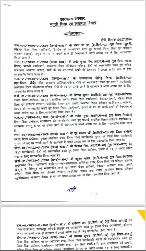 झारखंड में बड़े पैमाने पर JES का तबादला, स्कूली शिक्षा एवं साक्षरता विभाग ने जारी की अधिसूचना 2 ea1918df e32b 422c a408 13b9243c209c