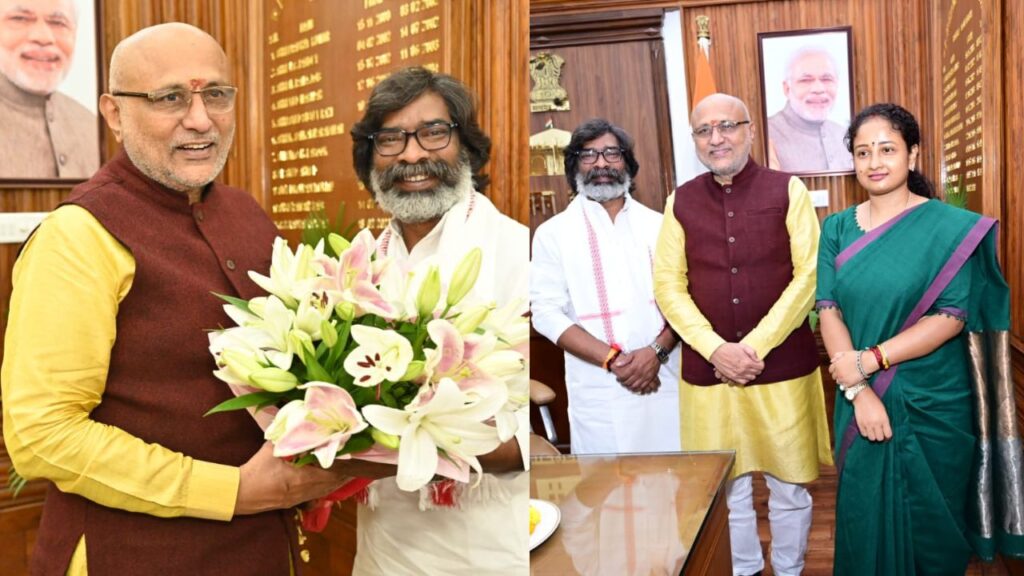 हेमंत सोरेन और कल्पना सोरेन ने राज्यपाल सीपी राधाकृष्णन से की मुलाकात, महाराष्ट्र का राज्यपाल बनने पर दी बधाई