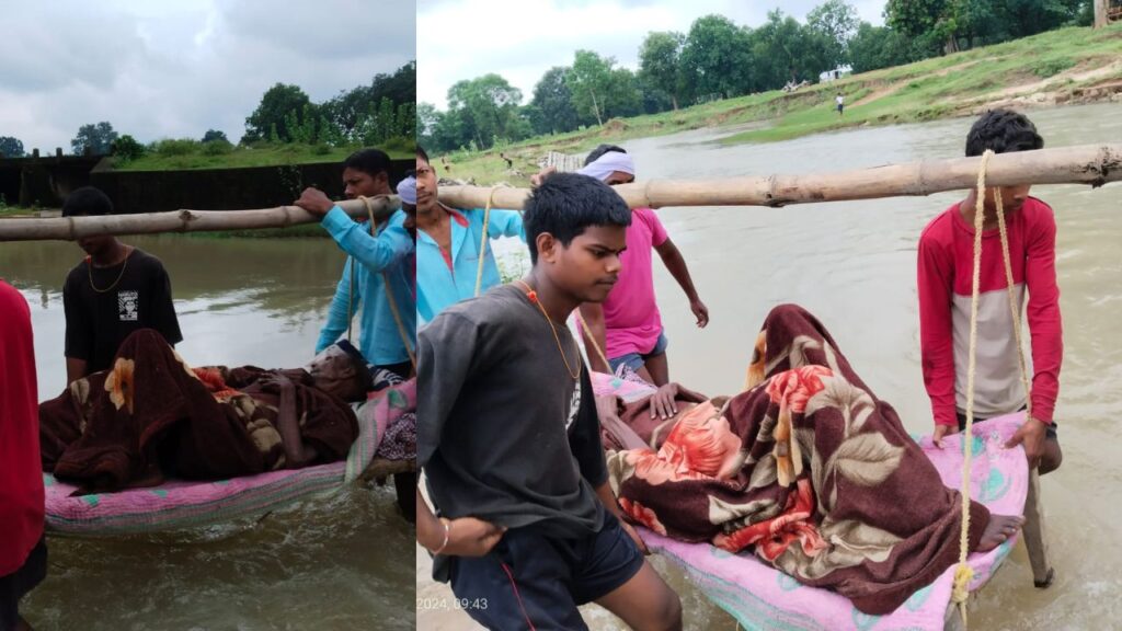 खाट पर झूलता सिस्टमः सिमडेगा में पुल नहीं होने की वजह से मरीज को खाट पर उठाकर नदी पार कराया गया