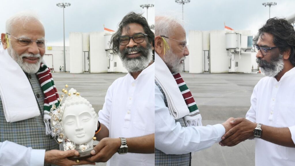 मुख्यमंत्री हेमंत सोरेन ने रांची एयरपोर्ट पर प्रधानमंत्री नरेंद्र मोदी से की मुलाकात, स्मृति चिन्ह्र के रूप में भागवान बुद्ध की प्रतिमा सौंपी