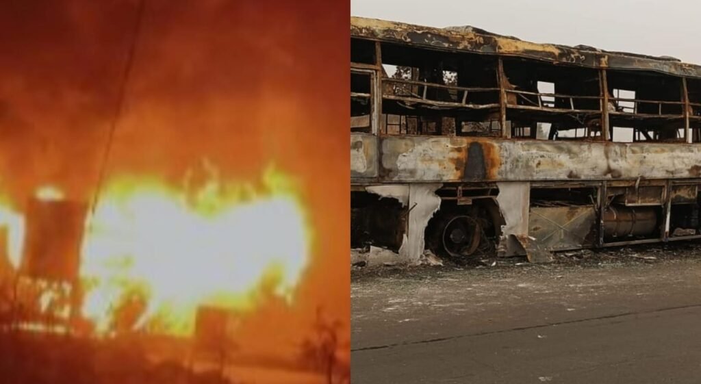 रांची से प्रयागराज महाकुंभ श्रद्धालुओं को लेकर जा रही बस में लगी भीषण आग, बस जलकर खाक