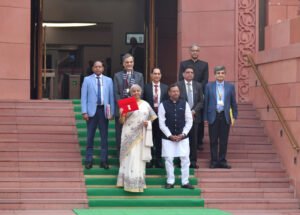 The Union Minister for Finance and Corporate Affairs, Smt. Nirmala Sitharaman along with the Ministers of State for Finance, Shri Pankaj Chaudhary as well as her Budget Team/senior officials of the Ministry of Finance arrived at the Parliament House to present the Union Budget 2025, in New Delhi on February 01, 2025.