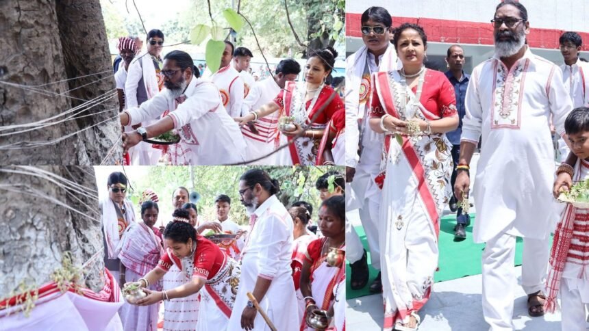 सरहूल पर हेमंत सोरेन और कल्पना सोरेन ने सरना स्थल पर की पूजा अर्चना, मुख्यमंत्री ने की दो दिनों के राजकीय अवकाश की घोषणा 1 hemant kalpana sarhul puja