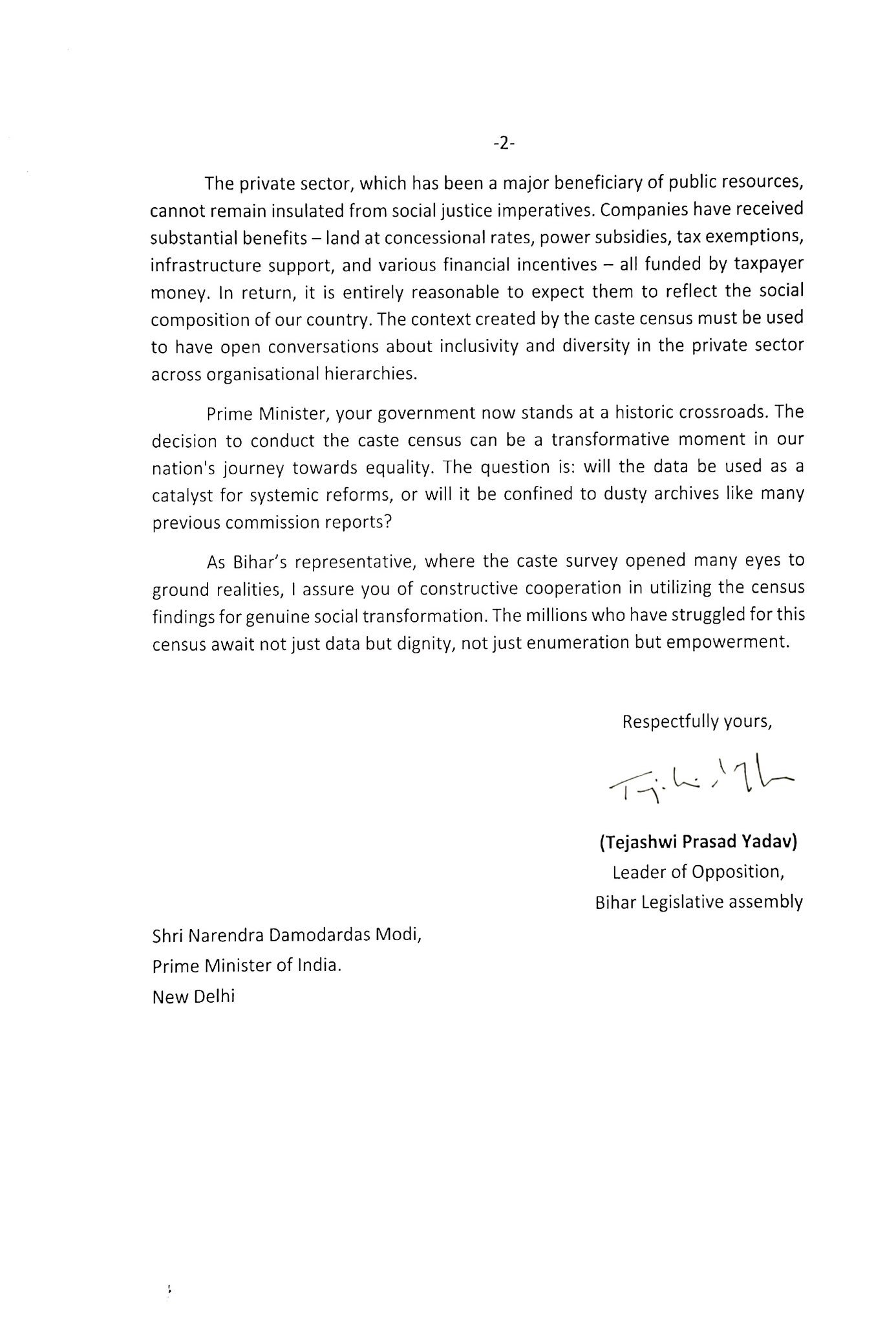 तेजस्वी यादव ने जातिगत जनगणना कराने के फैसले के बाद प्रधानमंत्री नरेंद्र मोदी को लिखी चिट्ठी, प्राइवेट सेक्टर में आरक्षण की रखी मांग 2 Gp gWn6W0AAyXCp