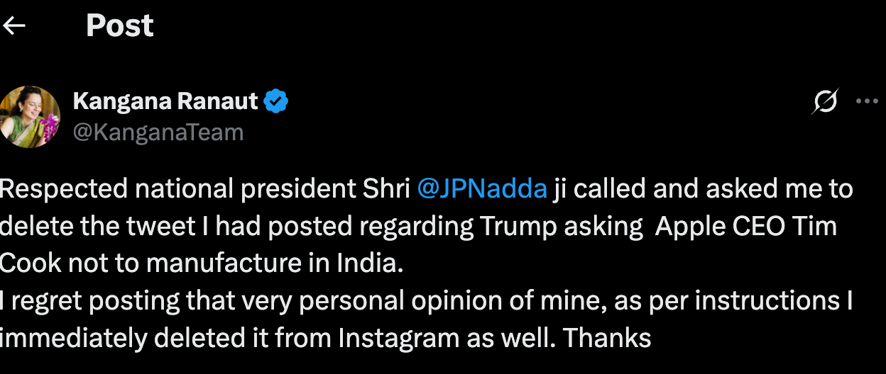 kangana Ranaut post on trump