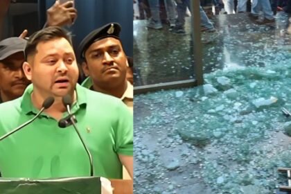 तेजस्वी यादव छात्र संसद के दौरान बाल-बाल बचे, भीड़ हुई बेकाबू, कांच का गेट टूटने से कार्यकर्ता घायल