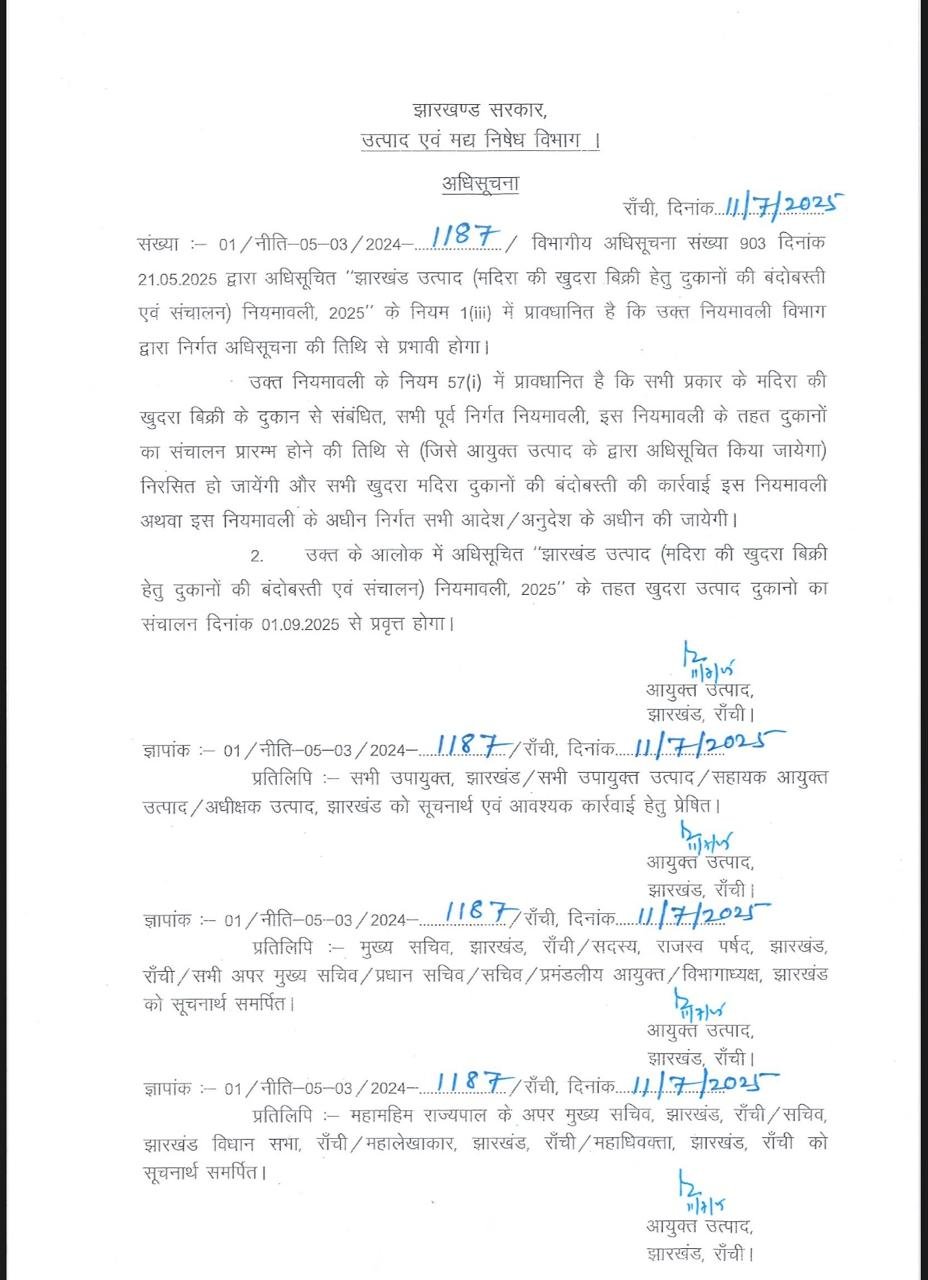 झारखंड में एक सितंबर से खुदरा दुकानदार बेचेंगे शराब, नई उत्पाद नियमावली को लेकर अधिसूचना जारी 1 WhatsApp Image 2025 07 11 at 18.27.02 a3c50e7c
