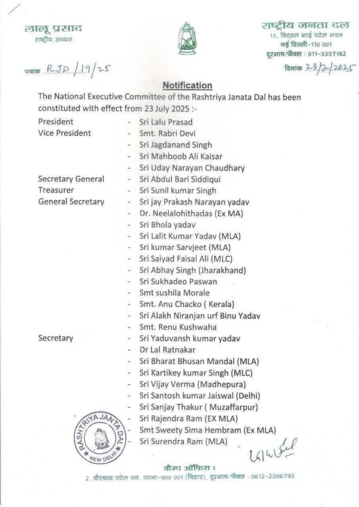 आरजेडी के राष्ट्रीय अध्यक्ष लालू यादव ने बनाई नई टीम, राबड़ी देवी-जगदानंद सिंह बनाए गए पार्टी के उपाध्यक्ष 2 WhatsApp Image 2025 07 26 at 17.42.21 e8915b04