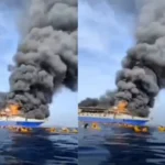 VIDEO: इंडोनेशिया में यात्रियों से भरी जहाज में लगी आग, जान बचाने के लिए समुद्र में कूद पड़े लोग