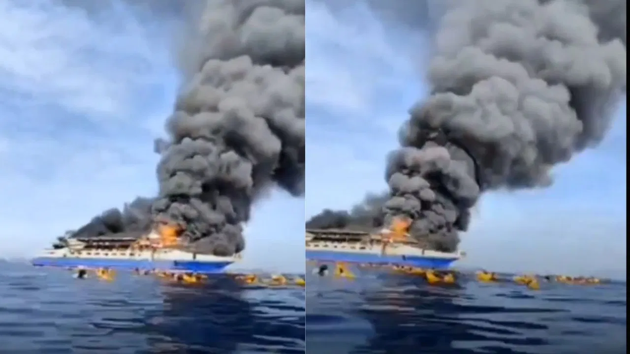 VIDEO: इंडोनेशिया में यात्रियों से भरी जहाज में लगी आग, जान बचाने के लिए समुद्र में कूद पड़े लोग