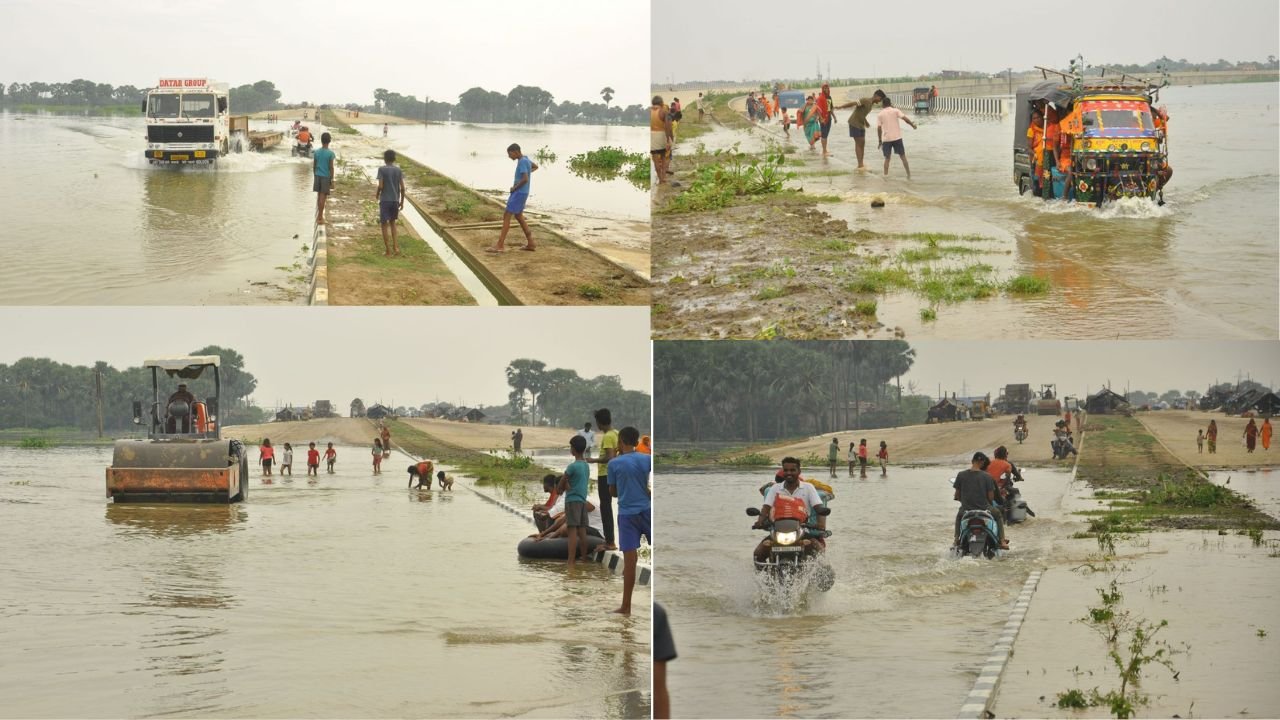 भागलपुर में गंगा नदी उफान पर, मुंगेर-मिर्जापुर चौकी फोरलेन पर चढ़ा बाढ़ का पानी