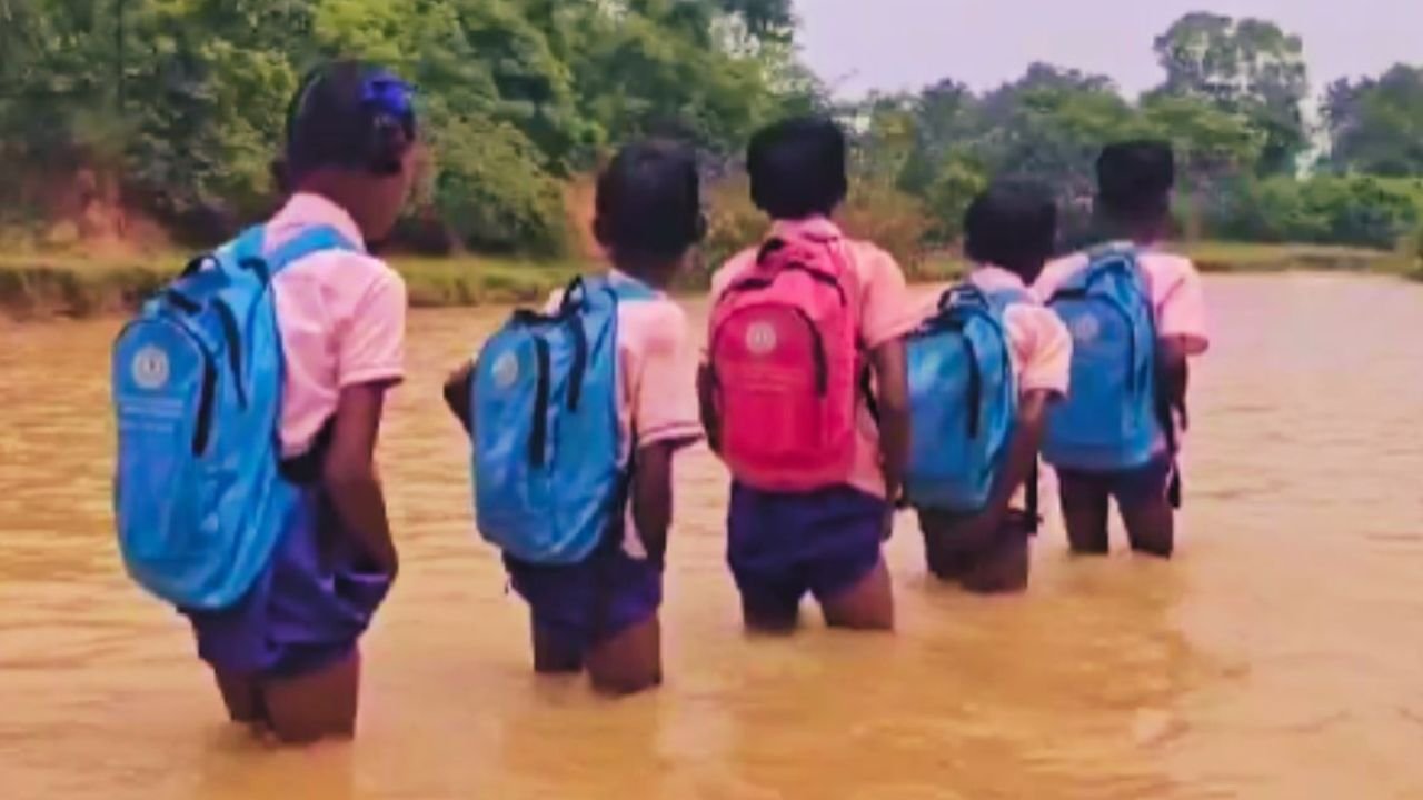 घुटने भर पानी में स्कूल जा रहे हैं सिमडेगा के बच्चे, VIDEO सोशल मीडिया पर हुआ वायरल