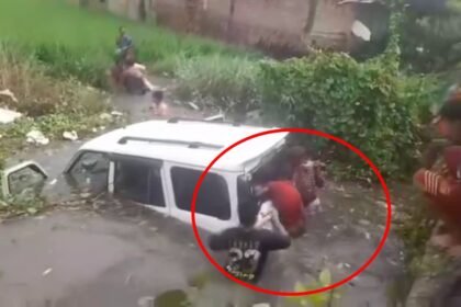 शराब से भरी स्कार्पियों पलटकर पानी में गिरी, लूटने की मची होड़