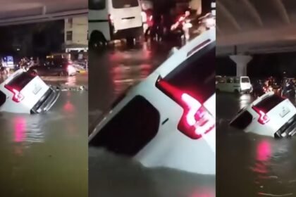 रांची में भारी बारिश के बीच कांटाटोली में गड्डे में गिरी स्कार्पियों, गाड़ी बंद होने से लगा लंबा जाम