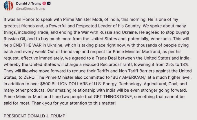 🇮🇳🇺🇸 Trump's claims: new trade deal in India-US after talks with Modi, talk of ban on oil purchases from Russia