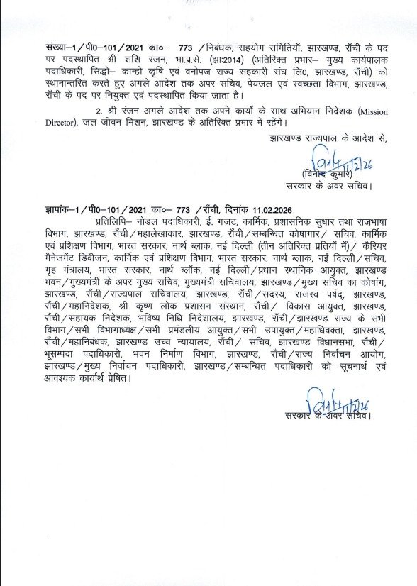 झारखंड में बड़े पैमाने पर IAS अधिकारियों का तबादला, कार्मिक प्रशासनिक सुधार और राजभाषा विभाग ने जारी की अधिसूचना