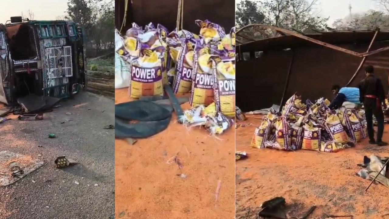 कोडरमा घाटी में दो ट्रकों के बीच जोरदार टक्कर, दुर्घटना के बाद करीब 500 बोरा दाल लूटकर भागे लोग