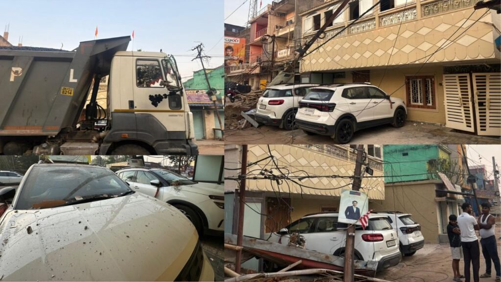 लोहरदगा में तेज रफ्तार हाइवा ने बिजली के खंभे को मारी तेज टक्कर, पोल घर पर गिरा, दो महंगी कारें और मकान क्षतिग्रस्त, बाल-बाल बचे लोग