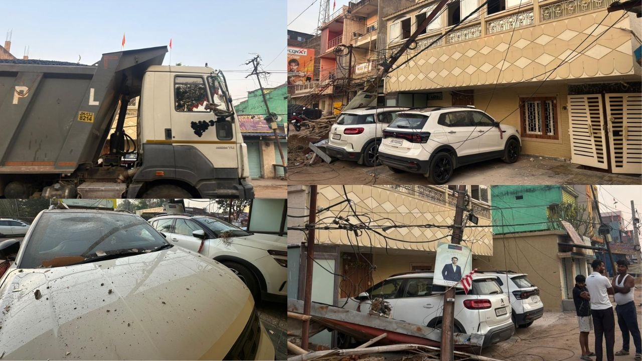 लोहरदगा में तेज रफ्तार हाइवा ने बिजली के खंभे को मारी तेज टक्कर, पोल घर पर गिरा, दो महंगी कारें और मकान क्षतिग्रस्त, बाल-बाल बचे लोग