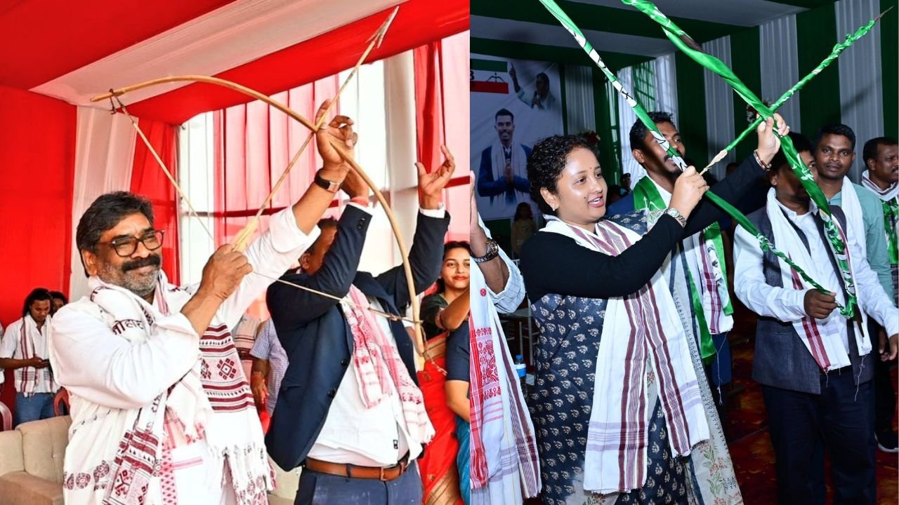 तीन-धनूष के साथ प्रचार कर रहे है हेमंत और कल्पना, मुख्यमंत्री ने कहा असम में आदिवासियों की स्थिति देखकर आती है शर्म