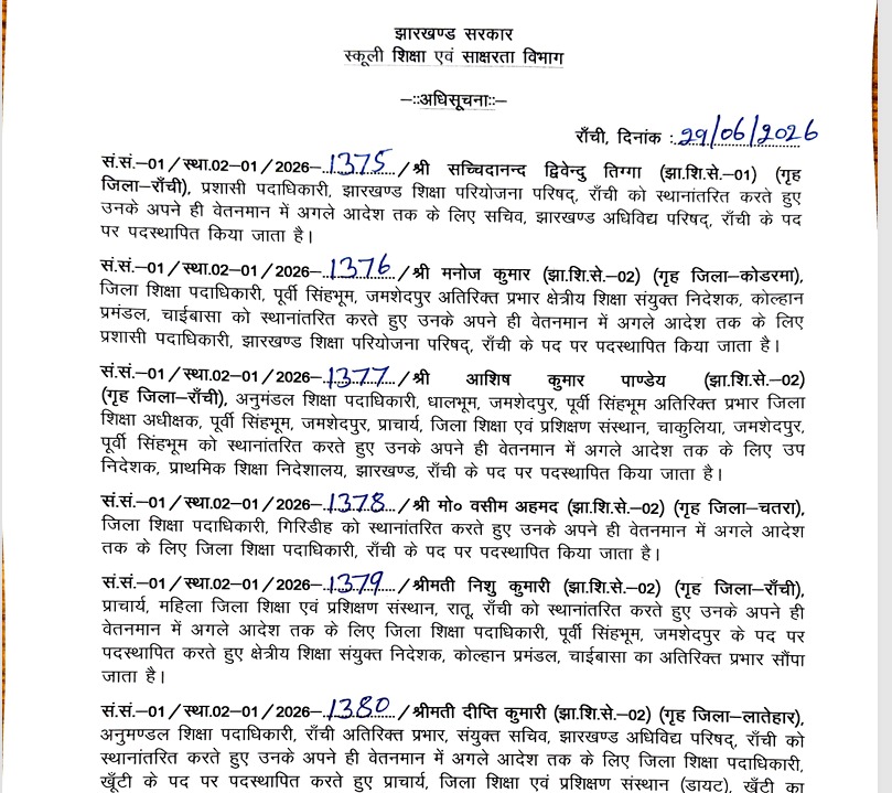 झारखंड में कई जिलों के DEO बदले गए, शिक्षा विभाग में बड़े पैमाने पर तबादला 1 1 2