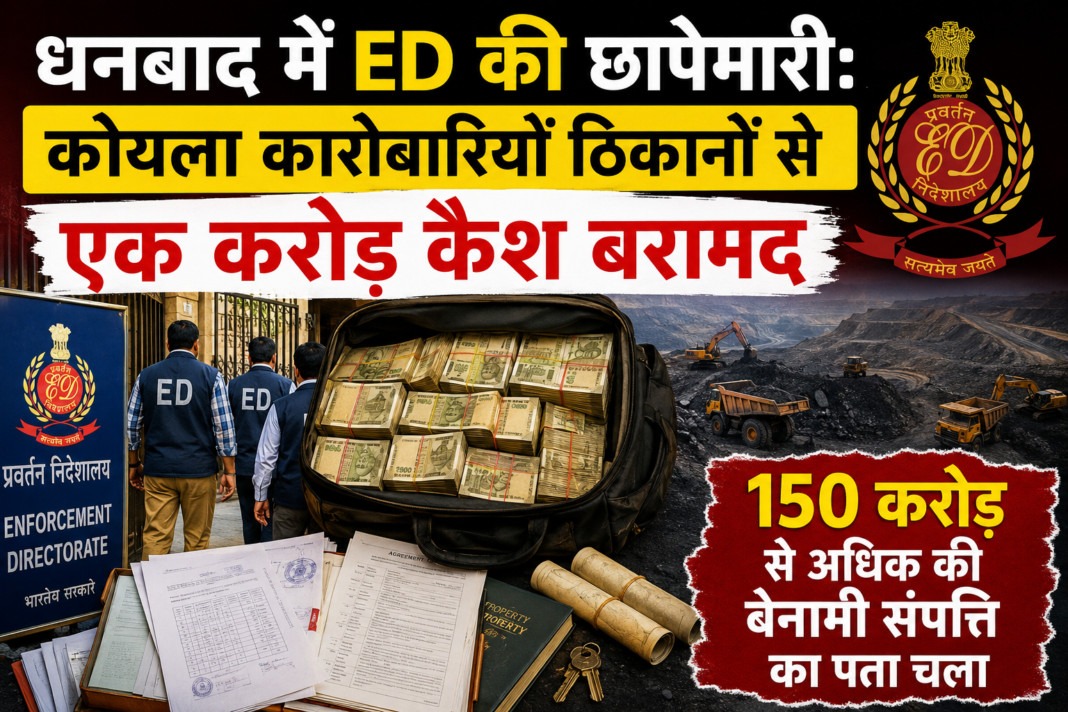 धनबाद में ED की छापेमारीः कोयला कारोबारियों ठिकानों से एक करोड़ कैश बरामद, 150 करोड़ से अधिक की बेनामी संपत्ति का पता चला