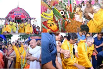 राज्यपाल संतोष गंगवार और मुख्यमंत्री हेमंत सोरेन ने रस्सी खींचकर जगन्नाथ रथयात्रा का शुभारंभ किया, भव्य तोरणद्वार निर्माण का एलान
