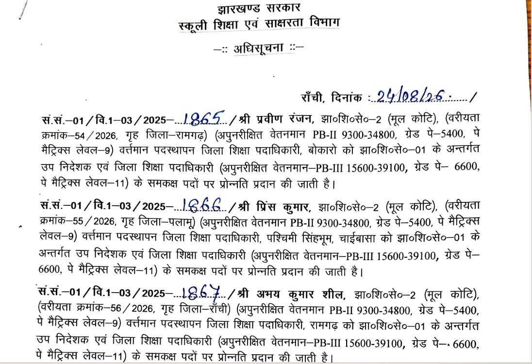 झारखंड में जिला शिक्षा पदाधिकारी को मिली पदोन्निति, स्कूली शिक्षा एवं साक्षरता विभाग ने जारी किया नोटिफिकेशन 1 1 8