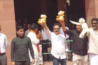 INDIA bloc stages a strong protest in the Parliament complex; MP Sukhdev Bhagat states that the absence of the PM and Home Minister from the House during a crucial issue is not good for democracy